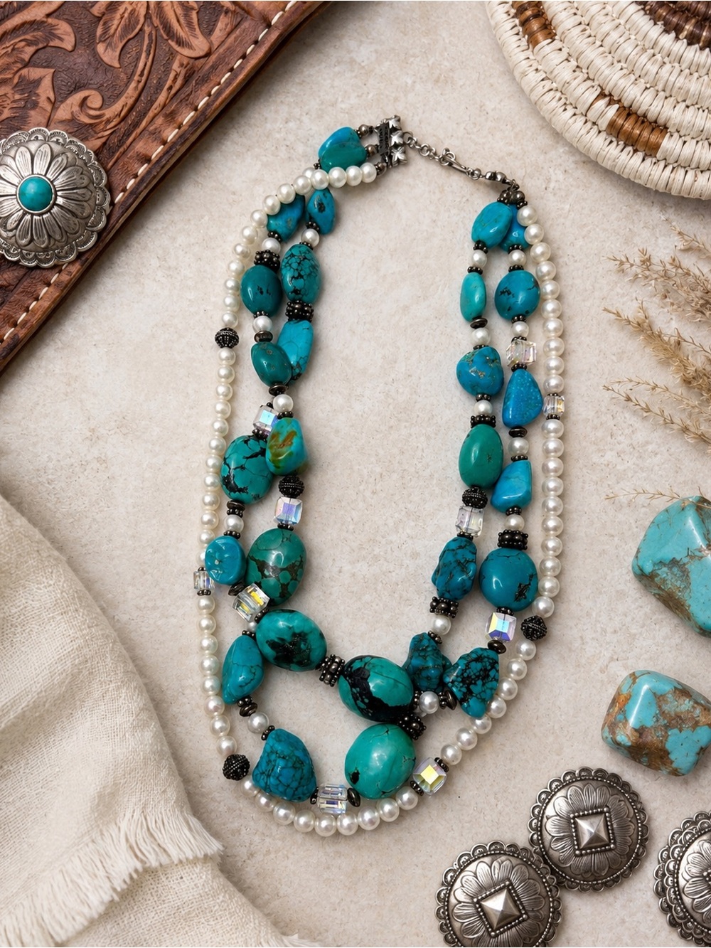Paige Wallace Sterling Silver Turquoise Pearl 3 Strand Statement Necklace